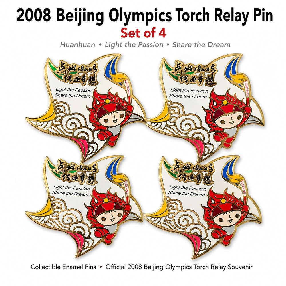 2008‎ Beijing Olympics Torch Relay Enamel Pin Set of 4 Huanhuan Mascot Souvenir